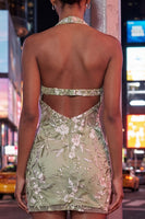 Laden Sie das Bild in den Galerie-Viewer, Salbeigrüner Neckholderhals, transparentes Korsett, Bodycon besticktes Homecoming-Kleid
