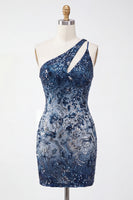 Laden Sie das Bild in den Galerie-Viewer, Glitzerndes marineblaues Einschulter-Bodycon-Pailletten-Blumen-Homecoming-Kleid