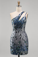 Laden Sie das Bild in den Galerie-Viewer, Glitzerndes Marineblaues Einschulter Bodycon Pailletten Blumen Kurzes Abendkleid