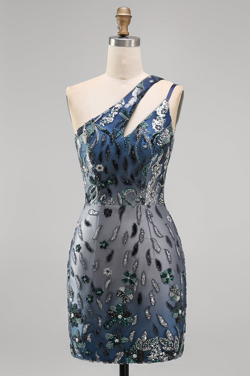 Laden Sie das Bild in den Galerie-Viewer, Glitzerndes Marineblaues Einschulter Bodycon Pailletten Blumen Kurzes Abendkleid