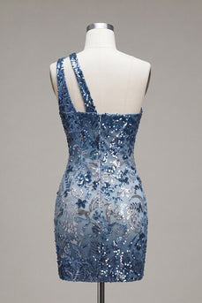 Glitzerndes marineblaues Einschulter-Bodycon-Pailletten-Blumen-Homecoming-Kleid