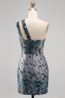 Laden Sie das Bild in den Galerie-Viewer, Glitzerndes Marineblaues Einschulter Bodycon Pailletten Blumen Kurzes Abendkleid