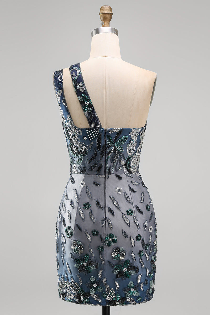 Laden Sie das Bild in den Galerie-Viewer, Glitzerndes Marineblaues Einschulter Bodycon Pailletten Blumen Kurzes Abendkleid
