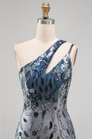 Laden Sie das Bild in den Galerie-Viewer, Glitzerndes Marineblaues Einschulter Bodycon Pailletten Blumen Kurzes Abendkleid