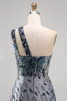 Laden Sie das Bild in den Galerie-Viewer, Glitzerndes Marineblaues Einschulter Bodycon Pailletten Blumen Kurzes Abendkleid