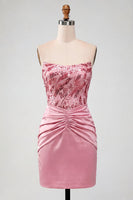 Laden Sie das Bild in den Galerie-Viewer, Bodycon pinkes, trägerloses, gerafftes Pailletten-Homecoming-Kleid