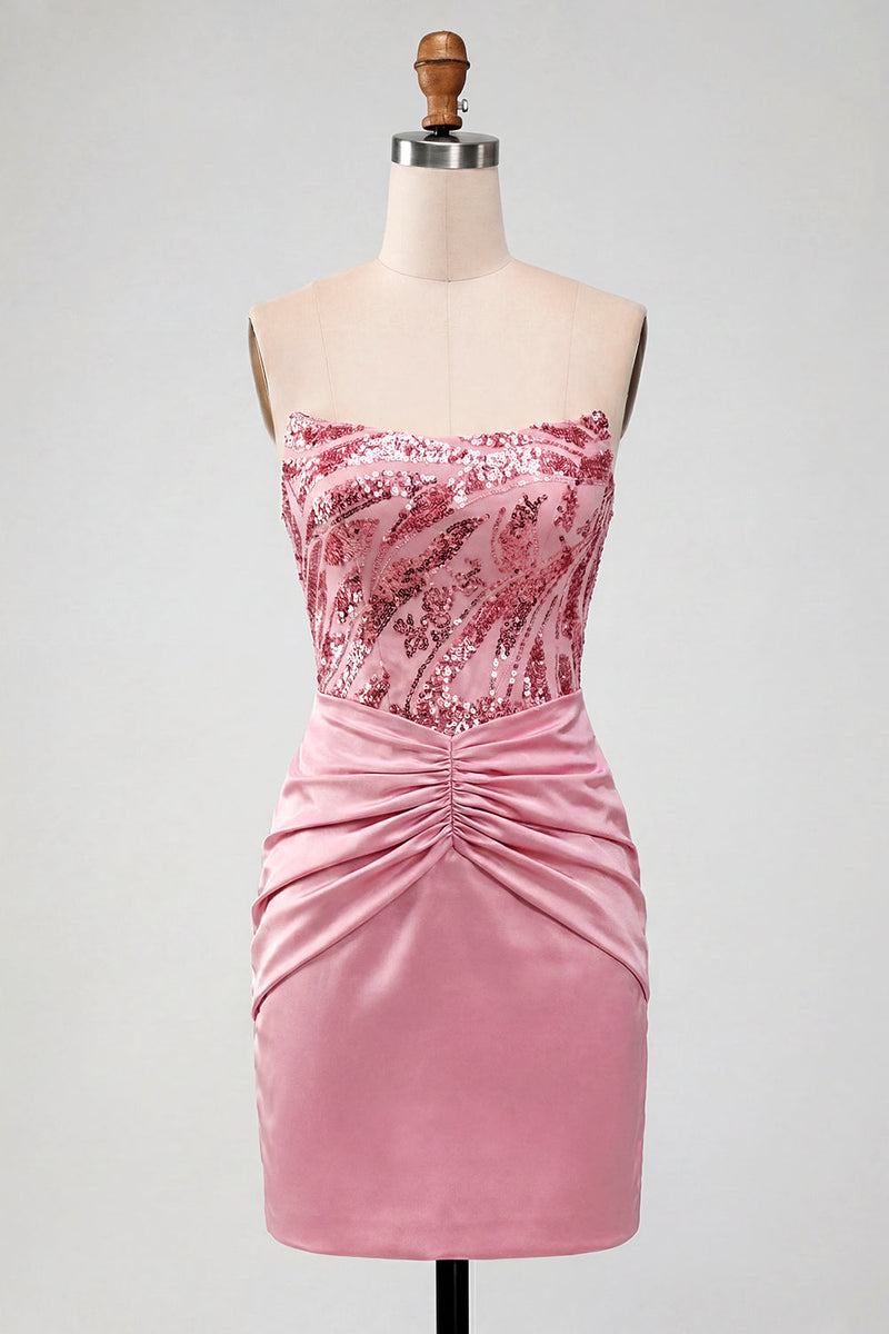 Laden Sie das Bild in den Galerie-Viewer, Bodycon pinkes, trägerloses, gerafftes Pailletten-Homecoming-Kleid