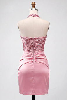Bodycon Rosa Trägerloses Gerafftes Pailletten Kurzes Abendkleid