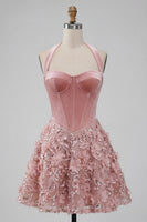 Laden Sie das Bild in den Galerie-Viewer, A-Line rosa Neckholder-Korsett, Blumenpailletten Homecoming-Kleid mit Applikationen