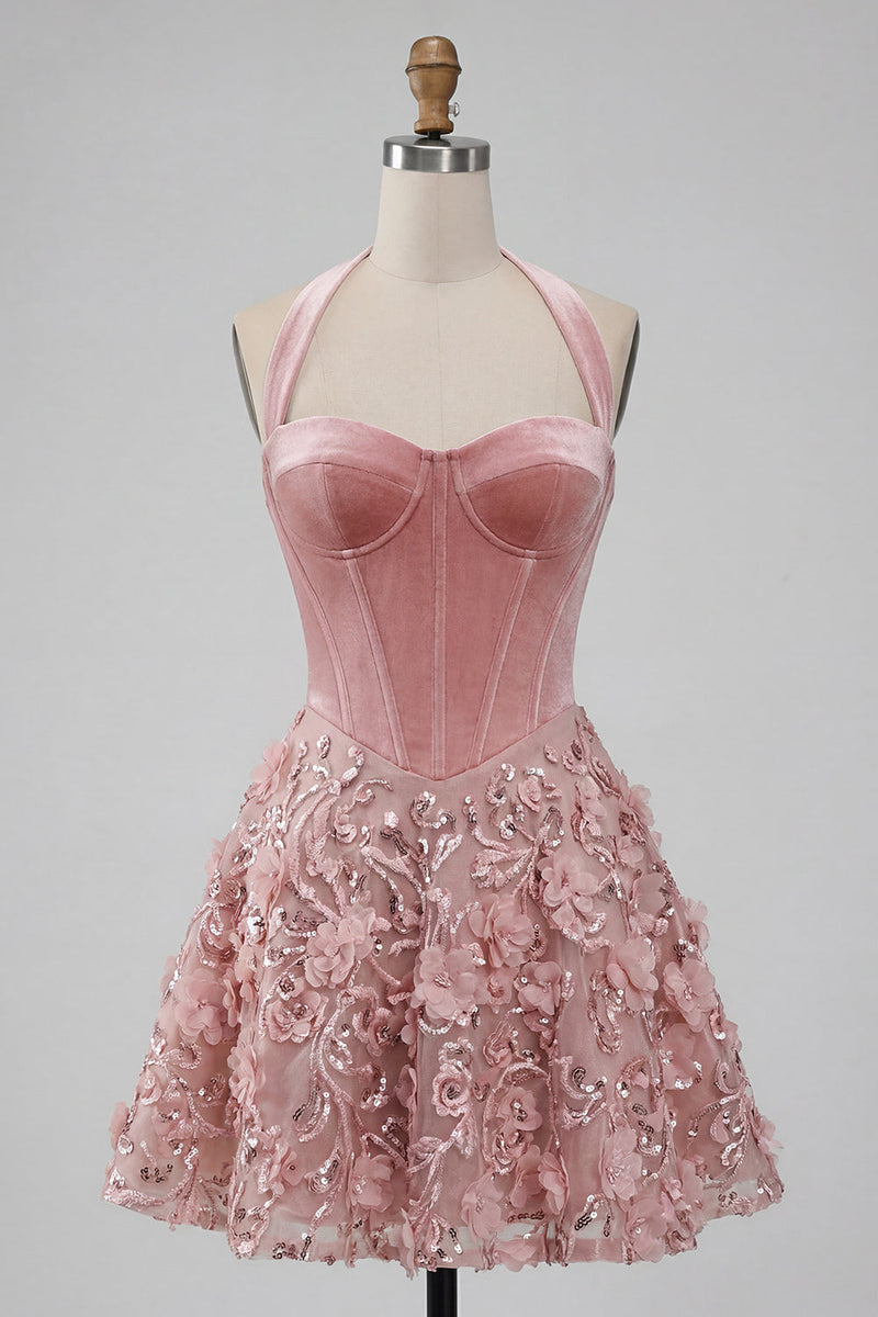 Laden Sie das Bild in den Galerie-Viewer, A-Line rosa Neckholder-Korsett, Blumenpailletten Homecoming-Kleid mit Applikationen
