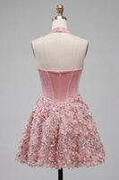 Laden Sie das Bild in den Galerie-Viewer, A-Line rosa Neckholder-Korsett, Blumenpailletten Homecoming-Kleid mit Applikationen