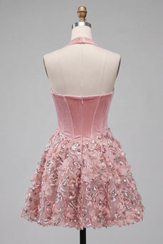 A-Line rosa Neckholder-Korsett, Blumenpailletten Homecoming-Kleid mit Applikationen