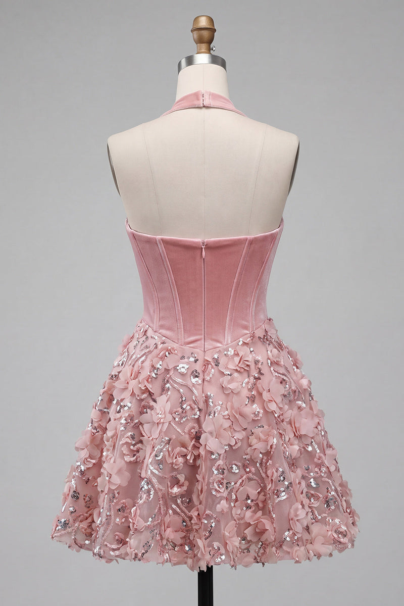 Laden Sie das Bild in den Galerie-Viewer, A-Line rosa Neckholder-Korsett, Blumenpailletten Homecoming-Kleid mit Applikationen