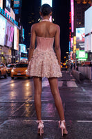 Laden Sie das Bild in den Galerie-Viewer, A-Line rosa Neckholder-Korsett, Blumenpailletten Homecoming-Kleid mit Applikationen