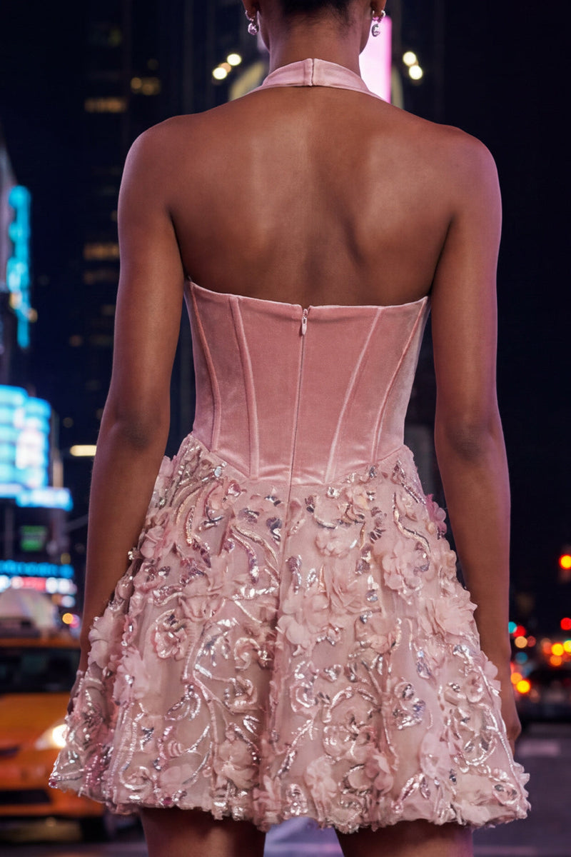 Laden Sie das Bild in den Galerie-Viewer, A-Line rosa Neckholder-Korsett, Blumenpailletten Homecoming-Kleid mit Applikationen