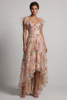 Laden Sie das Bild in den Galerie-Viewer, Champagner-A-Linie Tüll-Korsett besticktes florales High-Low-Mutter-der-Braut-Kleid