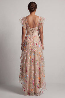 Champagner-A-Linie Tüll-Korsett besticktes florales High-Low-Mutter-der-Braut-Kleid