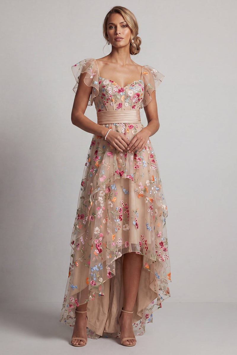 Laden Sie das Bild in den Galerie-Viewer, Champagner-A-Linie Tüll-Korsett besticktes florales High-Low-Mutter-der-Braut-Kleid