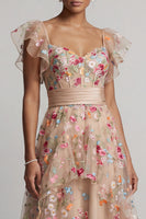 Laden Sie das Bild in den Galerie-Viewer, Champagner-A-Linie Tüll-Korsett besticktes florales High-Low-Mutter-der-Braut-Kleid