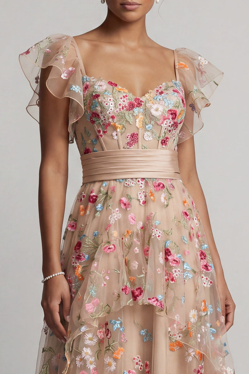 Laden Sie das Bild in den Galerie-Viewer, Champagner-A-Linie Tüll-Korsett besticktes florales High-Low-Mutter-der-Braut-Kleid