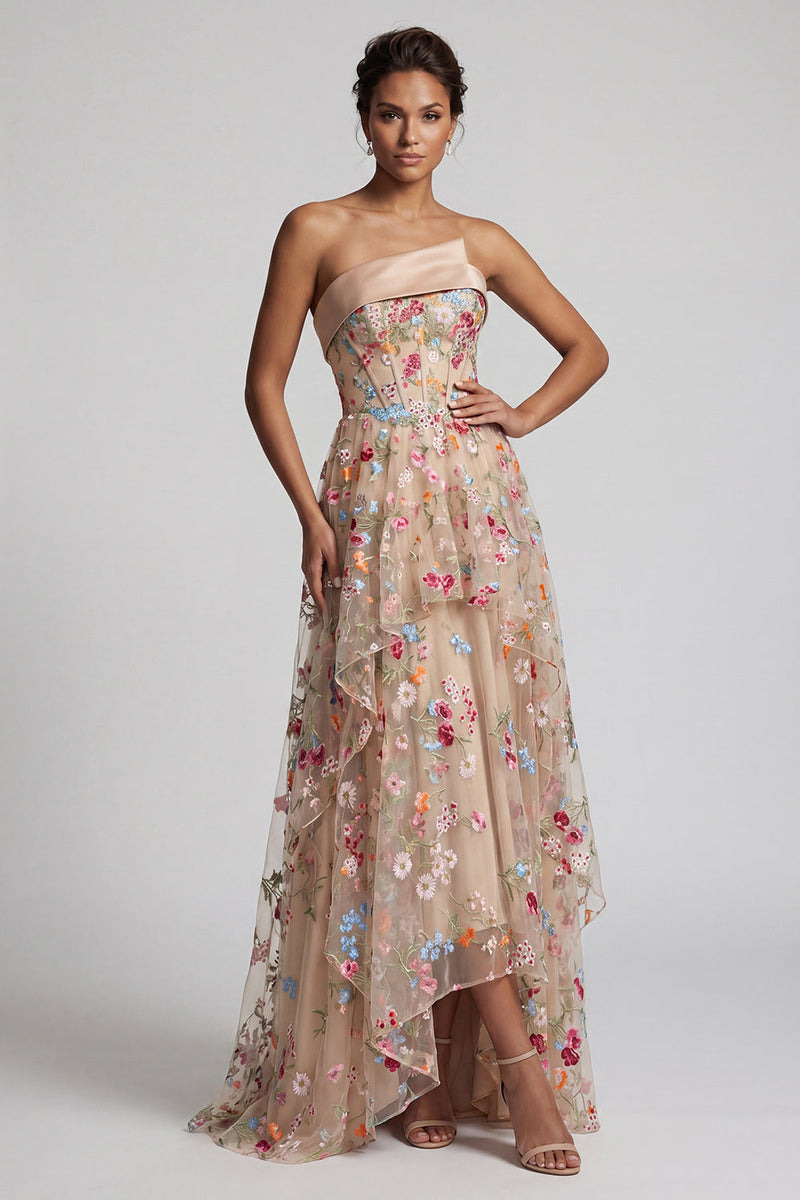 Laden Sie das Bild in den Galerie-Viewer, Off-the-shoulder High-Low Champagner A-Linie Tüll Blumenkleid Mutter der Braut
