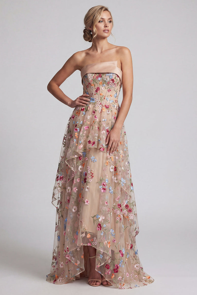 Laden Sie das Bild in den Galerie-Viewer, Off-the-shoulder High-Low Champagner A-Linie Tüll Blumenkleid Mutter der Braut
