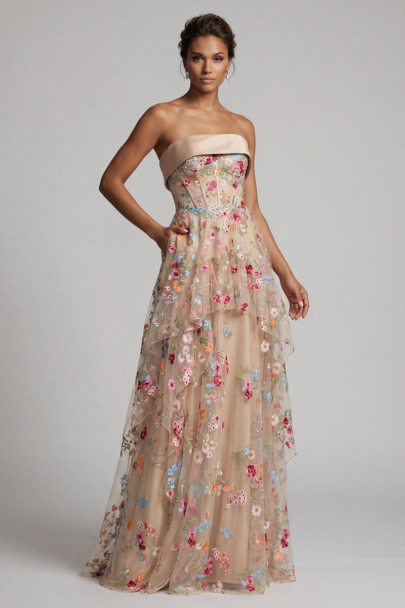 Laden Sie das Bild in den Galerie-Viewer, Off-the-shoulder Champagner-A-Linie Tüll-Korsett, florales Mutter-der-Braut-Kleid
