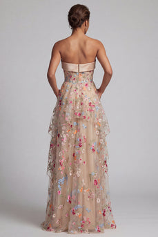 Off-the-shoulder Champagner-A-Linie Tüll-Korsett, florales Mutter-der-Braut-Kleid