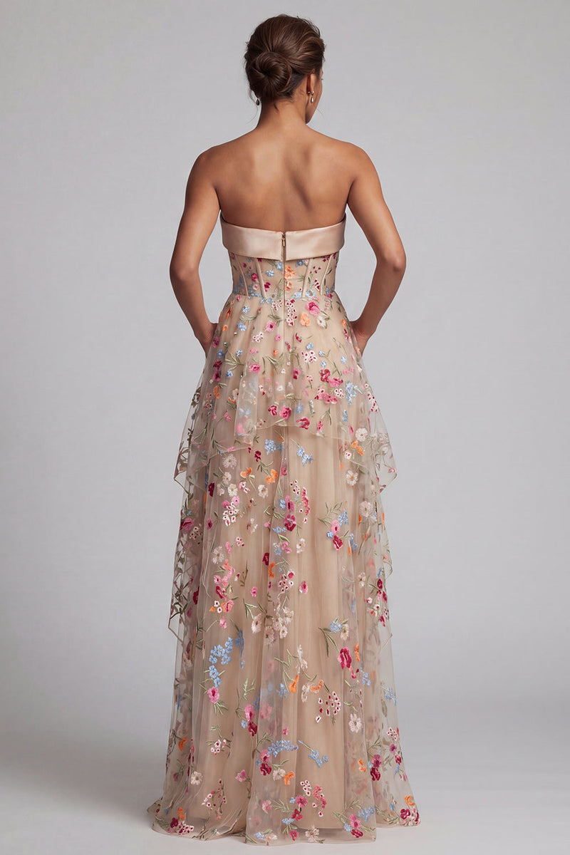 Laden Sie das Bild in den Galerie-Viewer, Off-the-shoulder Champagner-A-Linie Tüll-Korsett, florales Mutter-der-Braut-Kleid