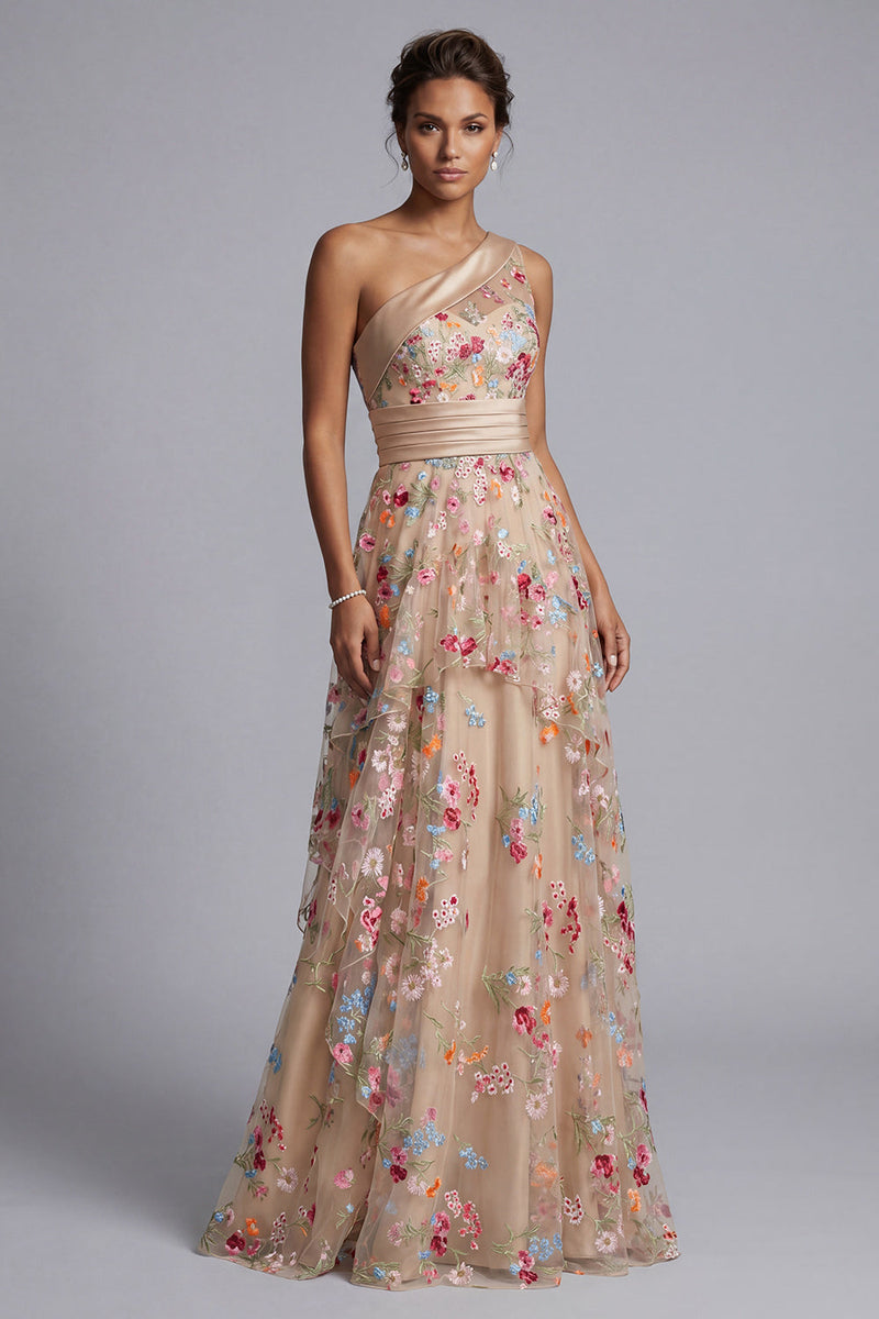 Laden Sie das Bild in den Galerie-Viewer, Einschulter-Champagner-A-Linie Tüll, gerafftes Blumenkleid Mutter der Braut