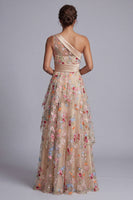Laden Sie das Bild in den Galerie-Viewer, Einschulter-Champagner-A-Linie Tüll, gerafftes Blumenkleid Mutter der Braut