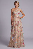 Laden Sie das Bild in den Galerie-Viewer, Einschulter-Champagner-A-Linie Tüll, gerafftes Blumenkleid Mutter der Braut