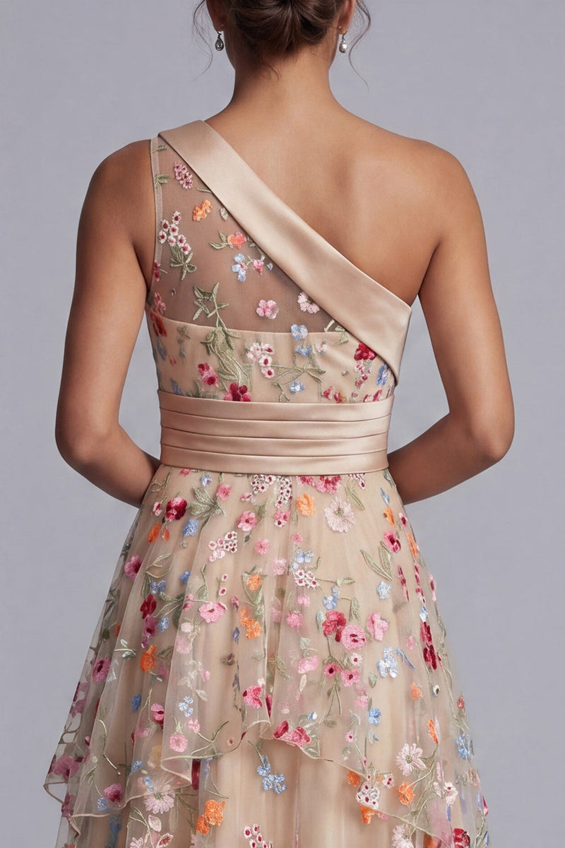 Laden Sie das Bild in den Galerie-Viewer, Einschulter-Champagner-A-Linie Tüll, gerafftes Blumenkleid Mutter der Braut