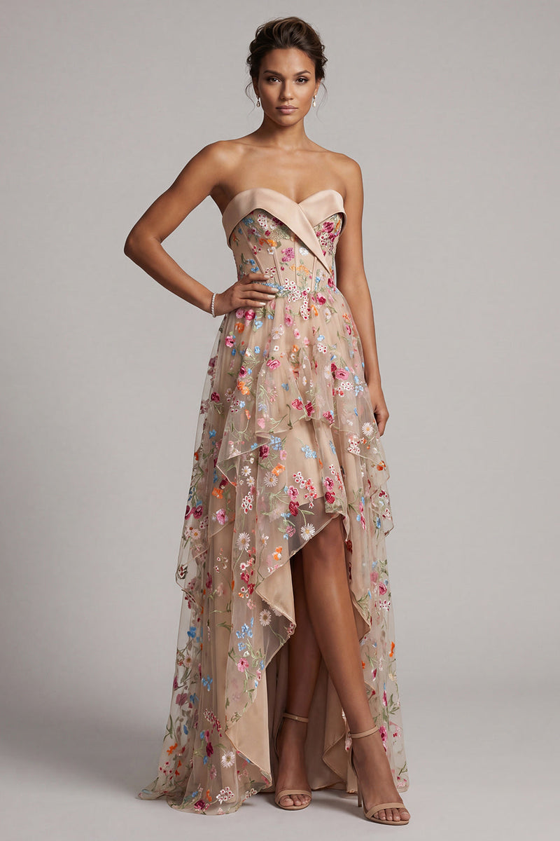 Laden Sie das Bild in den Galerie-Viewer, Sweetheart Champagner A-Linie Korsett Tüll hoch-niedrig Blumenkleid Mutter der Braut