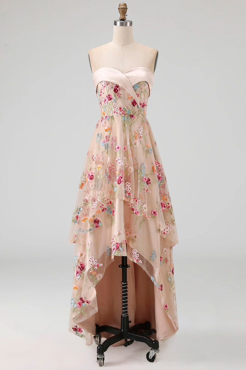 Laden Sie das Bild in den Galerie-Viewer, Sweetheart Champagner A-Linie Korsett Tüll hoch-niedrig Blumenkleid Mutter der Braut
