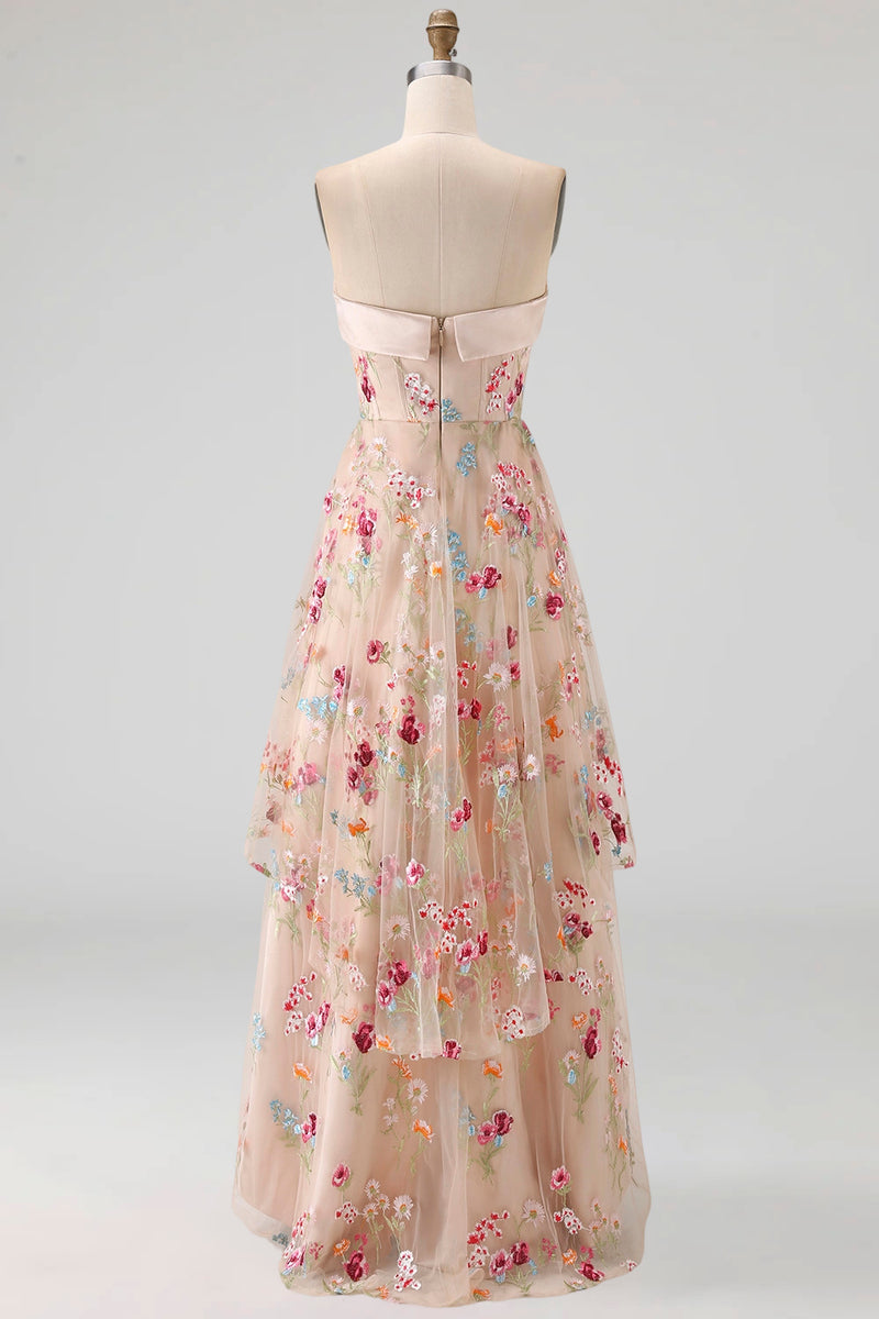 Laden Sie das Bild in den Galerie-Viewer, Sweetheart Champagner A-Linie Korsett Tüll hoch-niedrig Blumenkleid Mutter der Braut