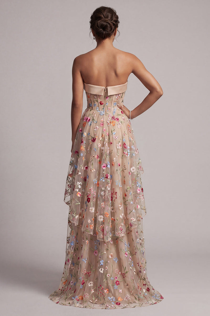 Laden Sie das Bild in den Galerie-Viewer, Sweetheart Champagner A-Linie Korsett Tüll hoch-niedrig Blumenkleid Mutter der Braut