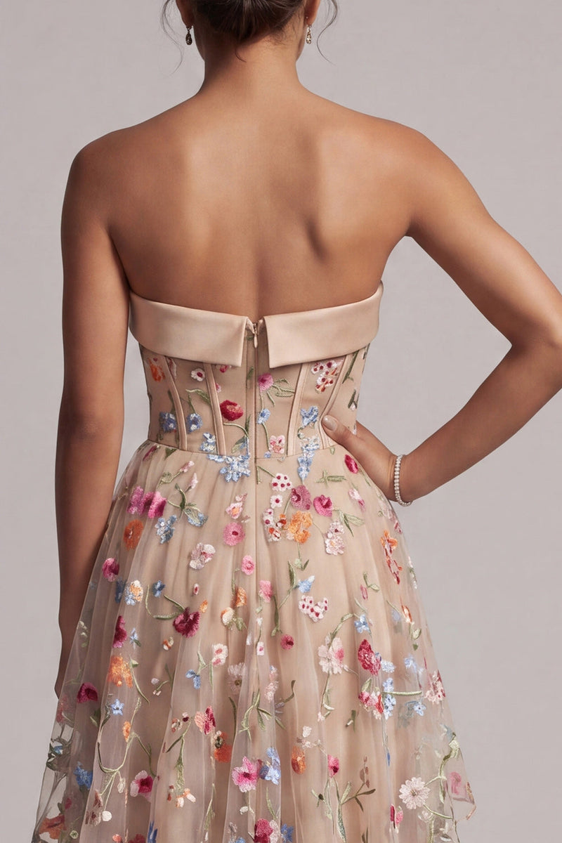 Laden Sie das Bild in den Galerie-Viewer, Sweetheart Champagner A-Linie Korsett Tüll hoch-niedrig Blumenkleid Mutter der Braut
