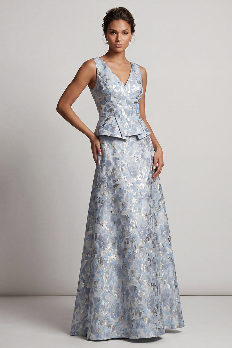 Laden Sie das Bild in den Galerie-Viewer, Staubiges Blau A-Linie V-Ausschnitt Langes Jacquard-Blumenkleid Mutter der Braut