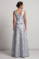 Laden Sie das Bild in den Galerie-Viewer, Staubiges Blau A-Linie V-Ausschnitt Langes Jacquard-Blumenkleid Mutter der Braut