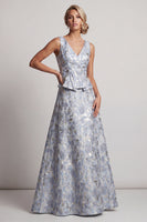 Laden Sie das Bild in den Galerie-Viewer, Staubiges Blau A-Linie V-Ausschnitt Langes Jacquard-Blumenkleid Mutter der Braut