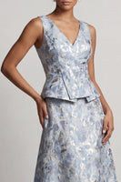 Laden Sie das Bild in den Galerie-Viewer, Staubiges Blau A-Linie V-Ausschnitt Langes Jacquard-Blumenkleid Mutter der Braut