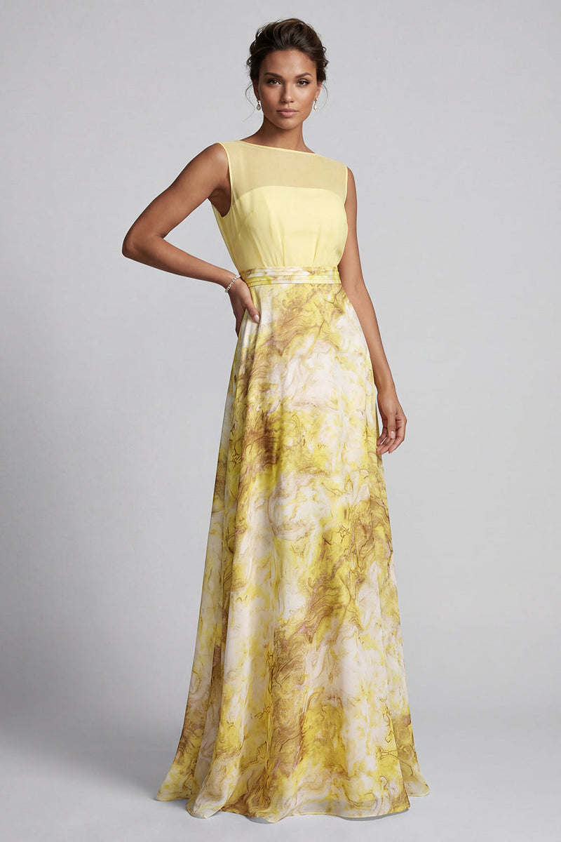 Laden Sie das Bild in den Galerie-Viewer, Gelb A-Linie Bateau-Ausschnitt mit langem Blumenmuster Mutter-der-Braut-Kleid