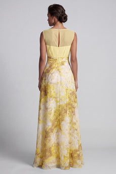 Gelb A-Linie Bateau-Ausschnitt mit langem Blumenmuster Mutter-der-Braut-Kleid