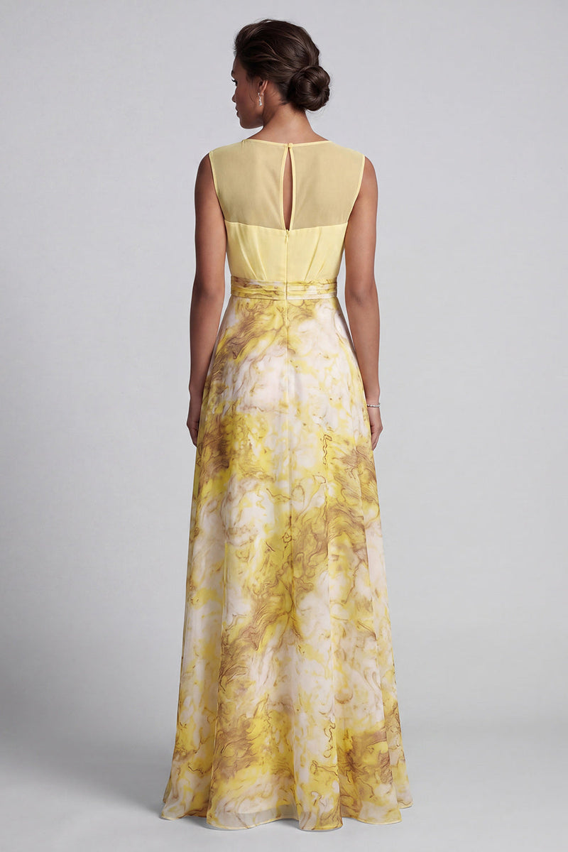Laden Sie das Bild in den Galerie-Viewer, Gelb A-Linie Bateau-Ausschnitt mit langem Blumenmuster Mutter-der-Braut-Kleid