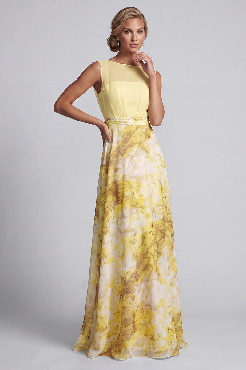 Laden Sie das Bild in den Galerie-Viewer, Gelb A-Linie Bateau-Ausschnitt mit langem Blumenmuster Mutter-der-Braut-Kleid