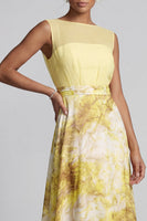 Laden Sie das Bild in den Galerie-Viewer, Gelb A-Linie Bateau-Ausschnitt mit langem Blumenmuster Mutter-der-Braut-Kleid