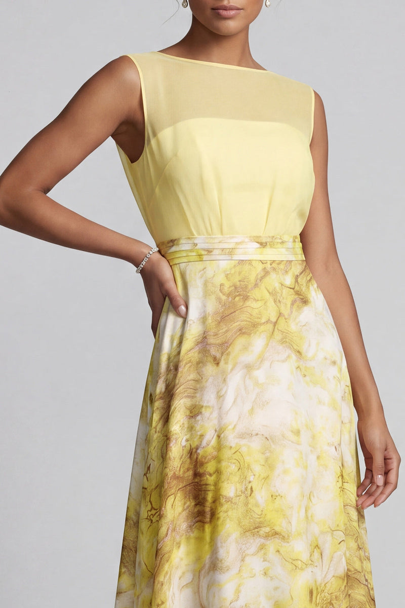 Laden Sie das Bild in den Galerie-Viewer, Gelb A-Linie Bateau-Ausschnitt mit langem Blumenmuster Mutter-der-Braut-Kleid