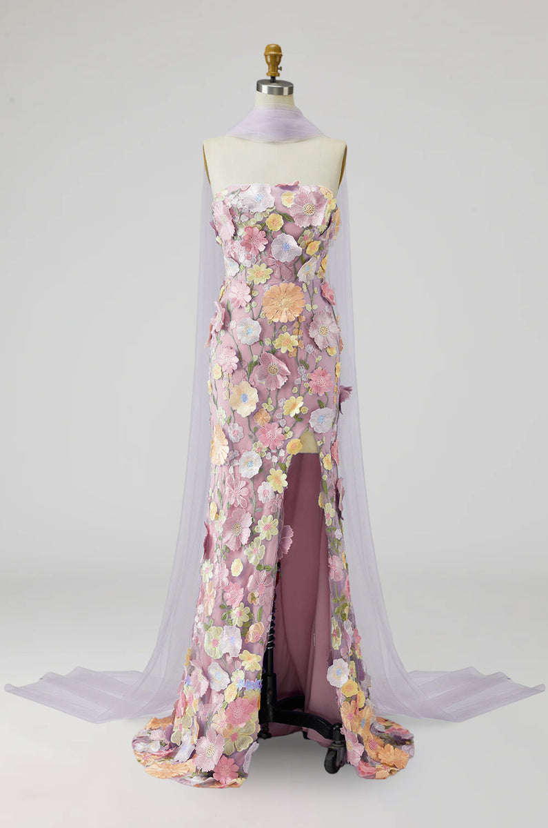 Laden Sie das Bild in den Galerie-Viewer, Hellviolette Florale Meerjungfrau Trägerloses Langes Mutter der Braut Kleid mit Schlitz