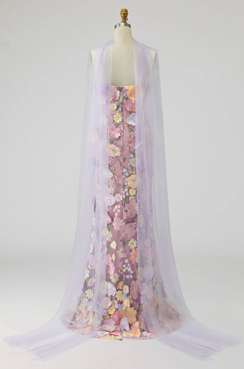 Laden Sie das Bild in den Galerie-Viewer, Hellviolette Florale Meerjungfrau Trägerloses Langes Mutter der Braut Kleid mit Schlitz